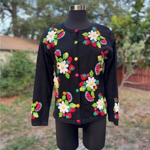 Vintage Talbots Knit Cardigan Sweater Crochet Appliqué Fruit Flower